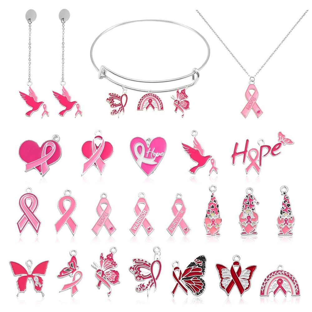 5749 40 Pieces 20 Styles Breast Cancer Awareness Charms, Pink Ribbon